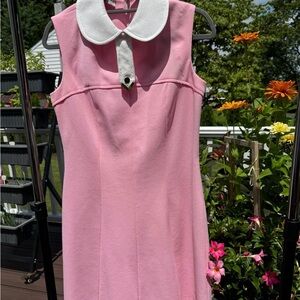 Vintage Elegant Pink Midi Dress with White Collar